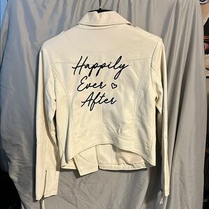 Cream Faux  Leather Jacket with Happily Ever After embroidered on back